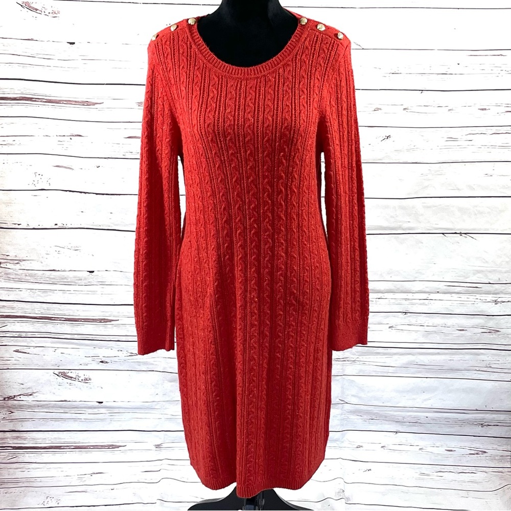 Talbots Sweater‎ Dress Womens Size L Long Sleeves Gold Buttons Pullover Cotton.